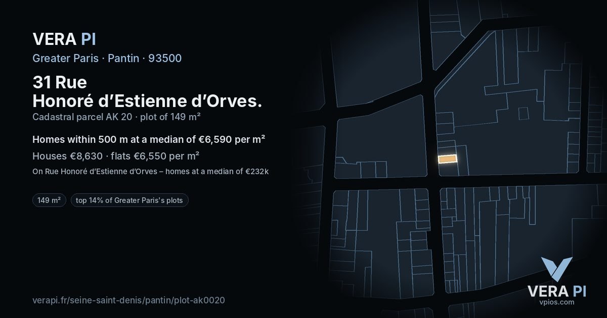 31 Rue Honoré d’Estienne d’Orves, Pantin at night – the plot lit, the parcels around coloured by the prices near them