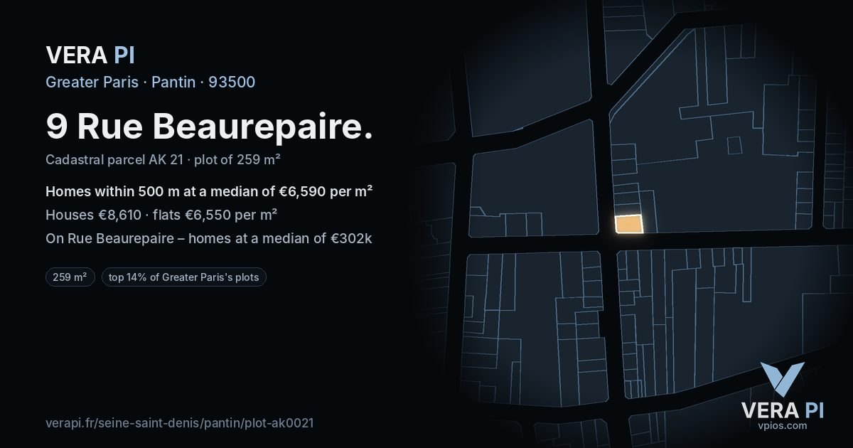 9 Rue Beaurepaire, Pantin at night – the plot lit, the parcels around coloured by the prices near them