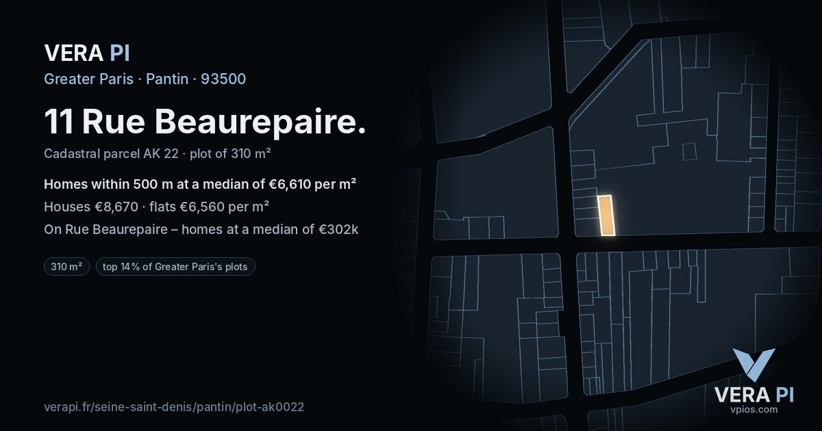 11 Rue Beaurepaire, Pantin at night – the plot lit, the parcels around coloured by the prices near them