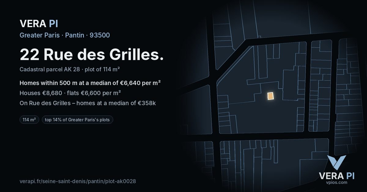22 Rue des Grilles, Pantin at night – the plot lit, the parcels around coloured by the prices near them