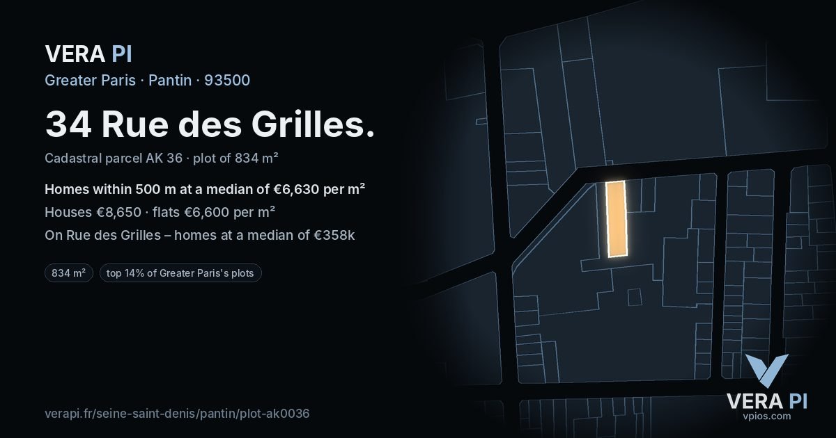 34 Rue des Grilles, Pantin at night – the plot lit, the parcels around coloured by the prices near them
