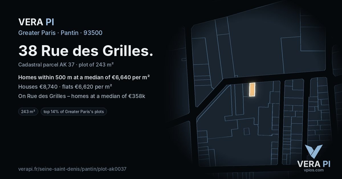 38 Rue des Grilles, Pantin at night – the plot lit, the parcels around coloured by the prices near them