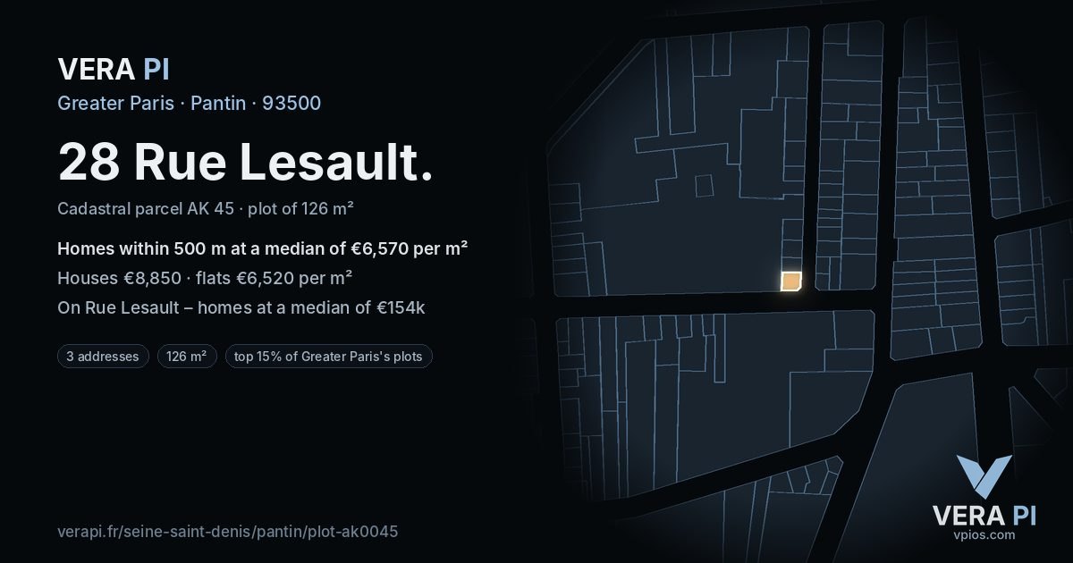 28 Rue Lesault, Pantin at night – the plot lit, the parcels around coloured by the prices near them