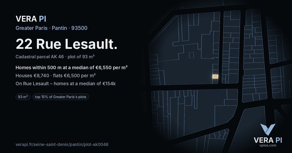 22 Rue Lesault, Pantin at night – the plot lit, the parcels around coloured by the prices near them