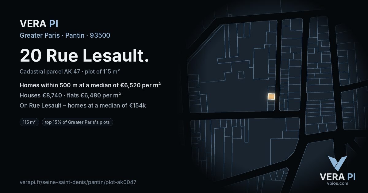 20 Rue Lesault, Pantin at night – the plot lit, the parcels around coloured by the prices near them