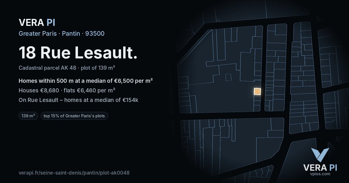 18 Rue Lesault, Pantin at night – the plot lit, the parcels around coloured by the prices near them