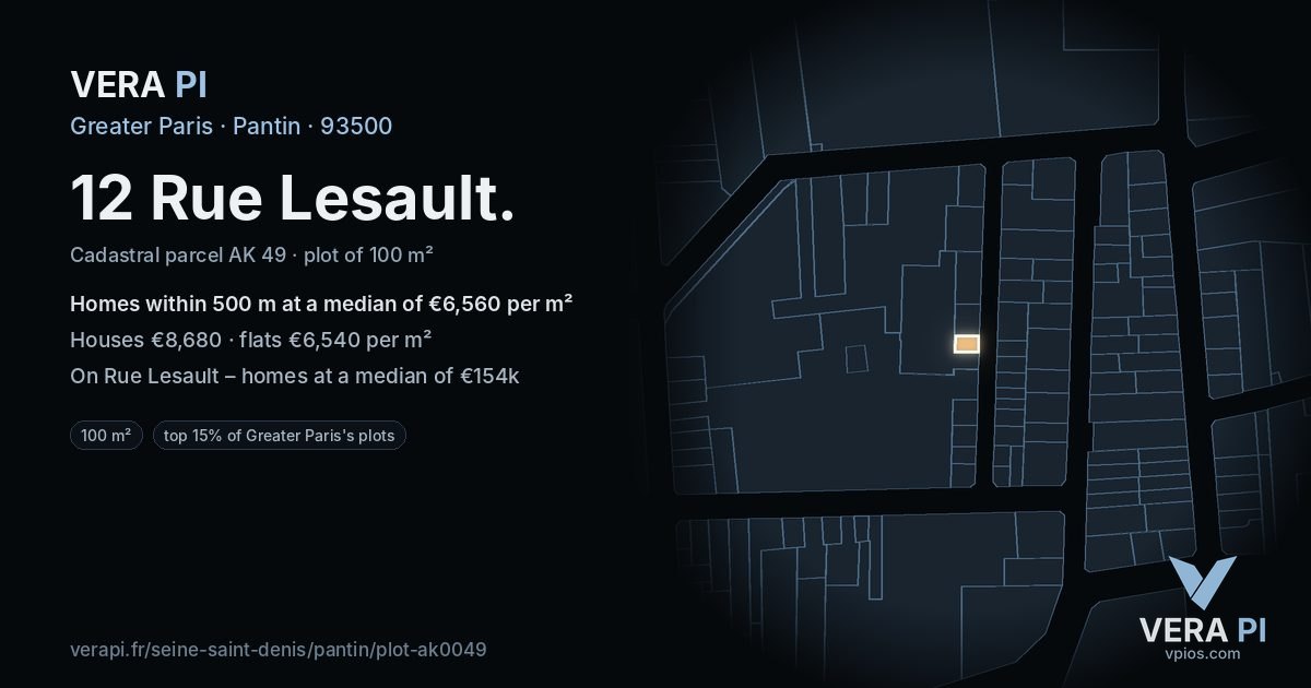 12 Rue Lesault, Pantin at night – the plot lit, the parcels around coloured by the prices near them