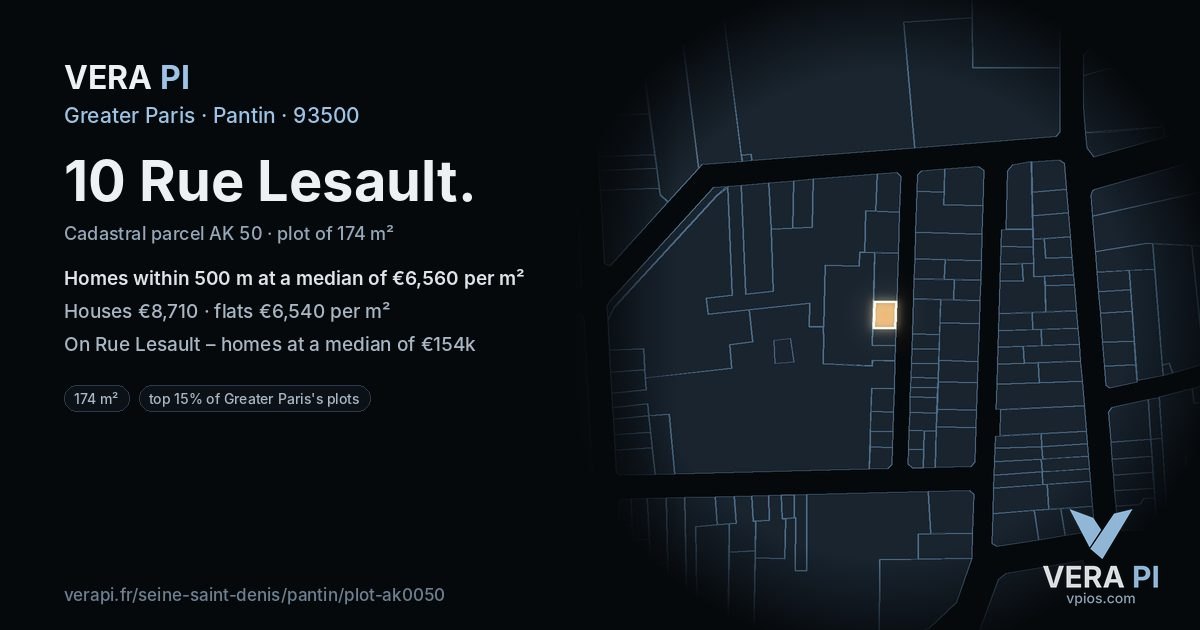 10 Rue Lesault, Pantin at night – the plot lit, the parcels around coloured by the prices near them