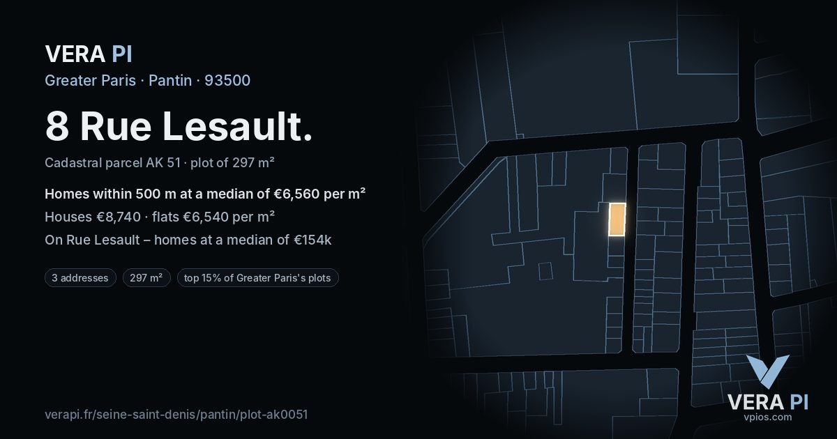 8 Rue Lesault, Pantin at night – the plot lit, the parcels around coloured by the prices near them