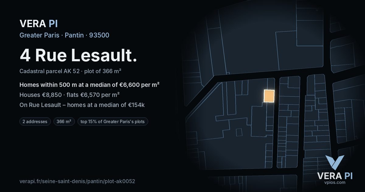 4 Rue Lesault, Pantin at night – the plot lit, the parcels around coloured by the prices near them