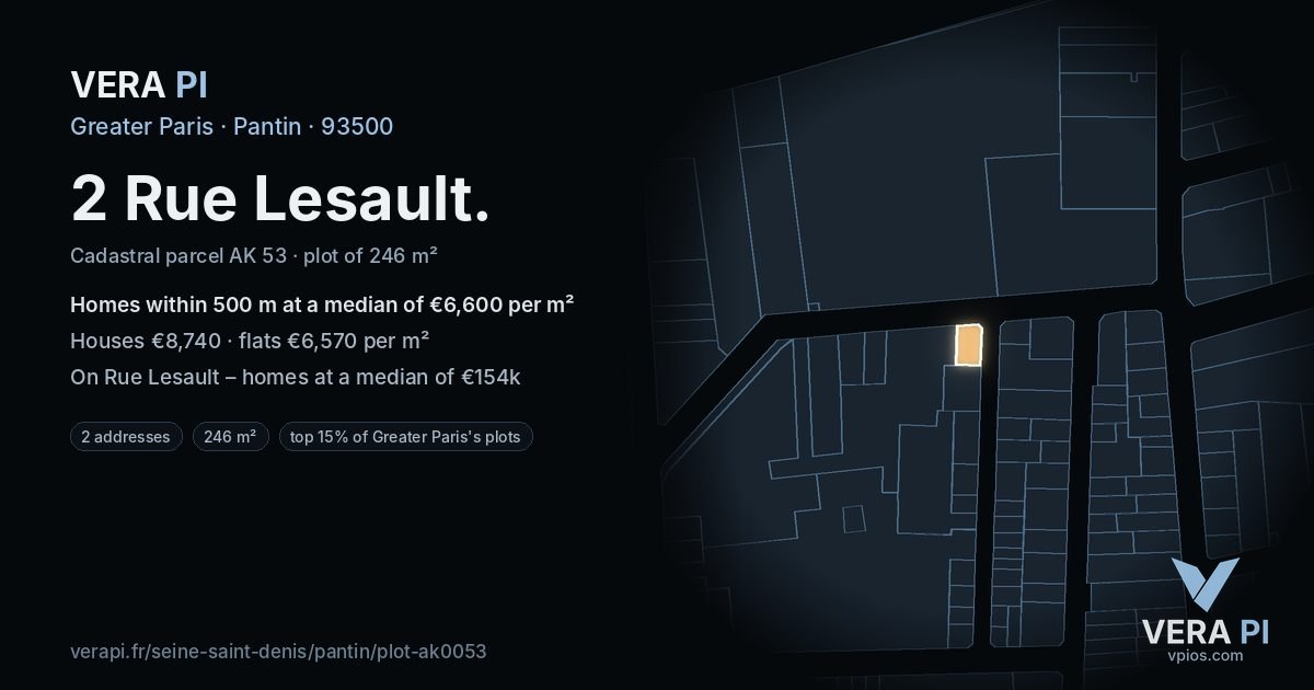 2 Rue Lesault, Pantin at night – the plot lit, the parcels around coloured by the prices near them