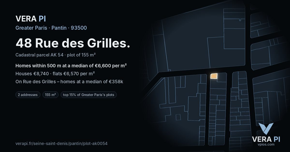 48 Rue des Grilles, Pantin at night – the plot lit, the parcels around coloured by the prices near them
