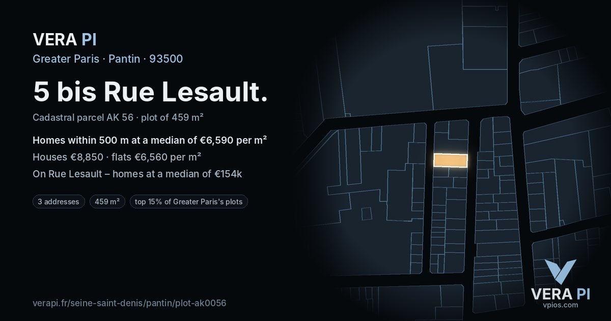 5 bis Rue Lesault, Pantin at night – the plot lit, the parcels around coloured by the prices near them