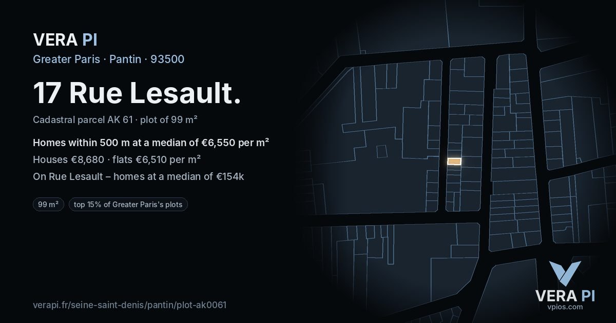 17 Rue Lesault, Pantin at night – the plot lit, the parcels around coloured by the prices near them