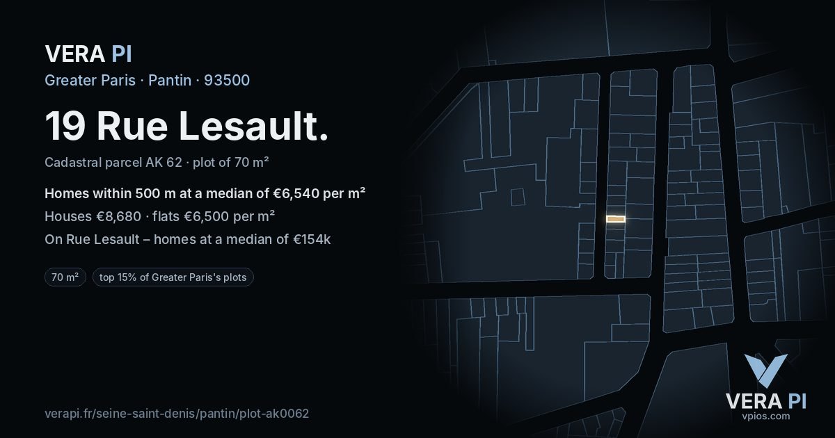 19 Rue Lesault, Pantin at night – the plot lit, the parcels around coloured by the prices near them