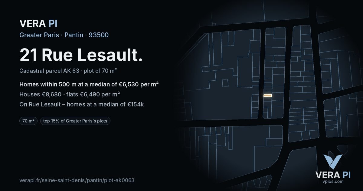21 Rue Lesault, Pantin at night – the plot lit, the parcels around coloured by the prices near them
