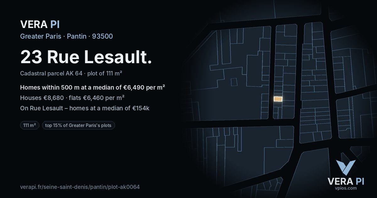 23 Rue Lesault, Pantin at night – the plot lit, the parcels around coloured by the prices near them
