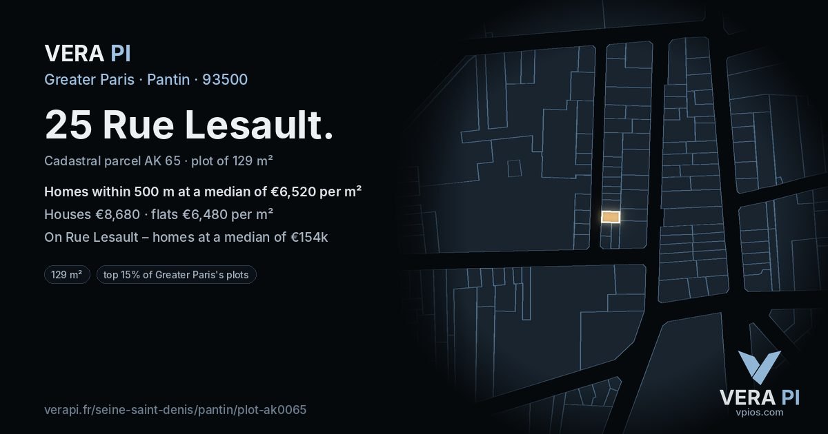 25 Rue Lesault, Pantin at night – the plot lit, the parcels around coloured by the prices near them