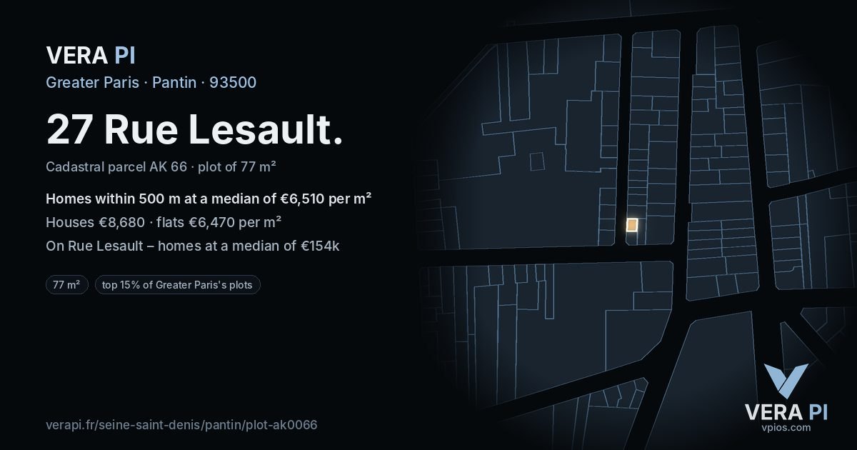 27 Rue Lesault, Pantin at night – the plot lit, the parcels around coloured by the prices near them