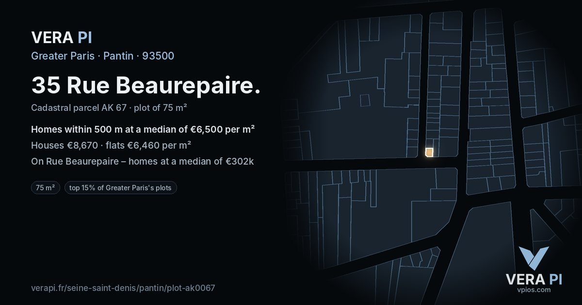 35 Rue Beaurepaire, Pantin at night – the plot lit, the parcels around coloured by the prices near them