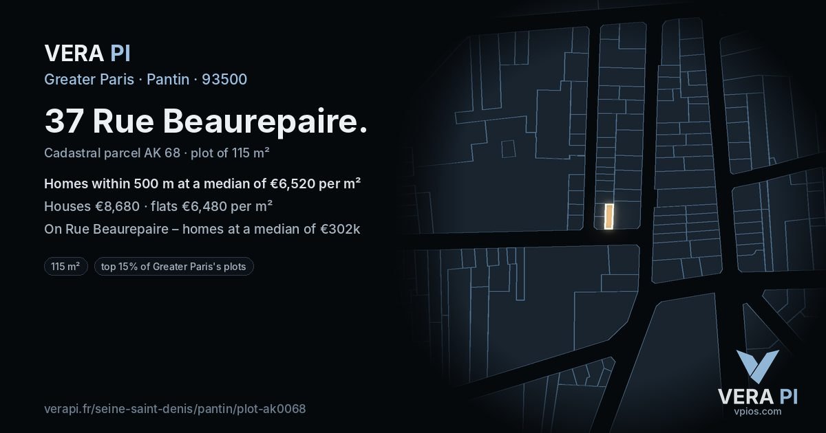 37 Rue Beaurepaire, Pantin at night – the plot lit, the parcels around coloured by the prices near them