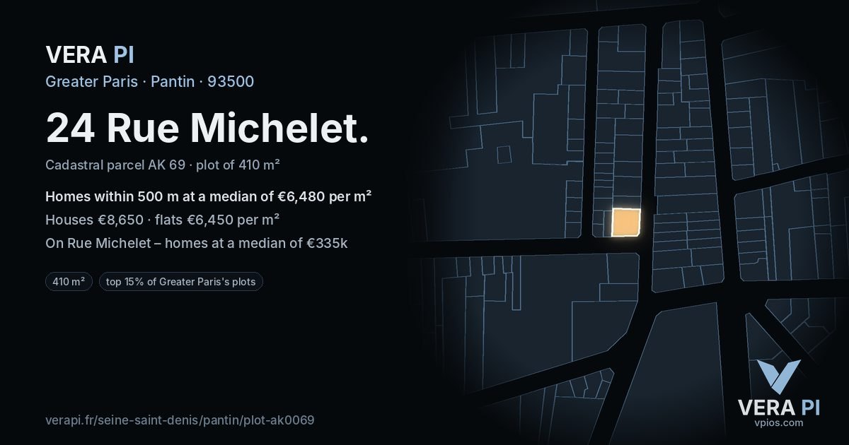 24 Rue Michelet, Pantin at night – the plot lit, the parcels around coloured by the prices near them
