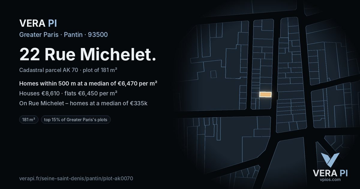 22 Rue Michelet, Pantin at night – the plot lit, the parcels around coloured by the prices near them
