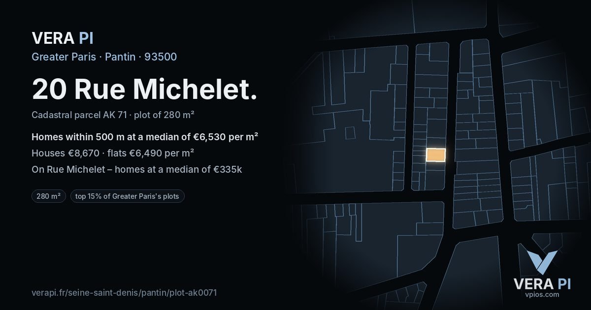 20 Rue Michelet, Pantin at night – the plot lit, the parcels around coloured by the prices near them