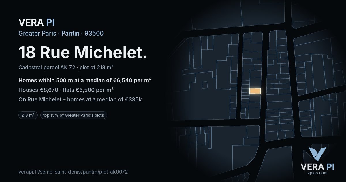 18 Rue Michelet, Pantin at night – the plot lit, the parcels around coloured by the prices near them