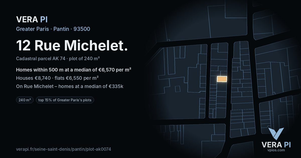 12 Rue Michelet, Pantin at night – the plot lit, the parcels around coloured by the prices near them