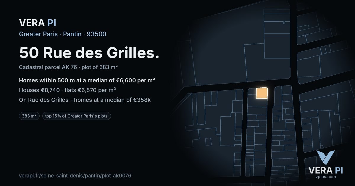 50 Rue des Grilles, Pantin at night – the plot lit, the parcels around coloured by the prices near them