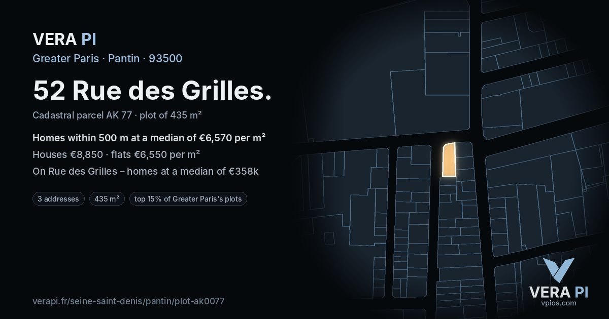 52 Rue des Grilles, Pantin at night – the plot lit, the parcels around coloured by the prices near them