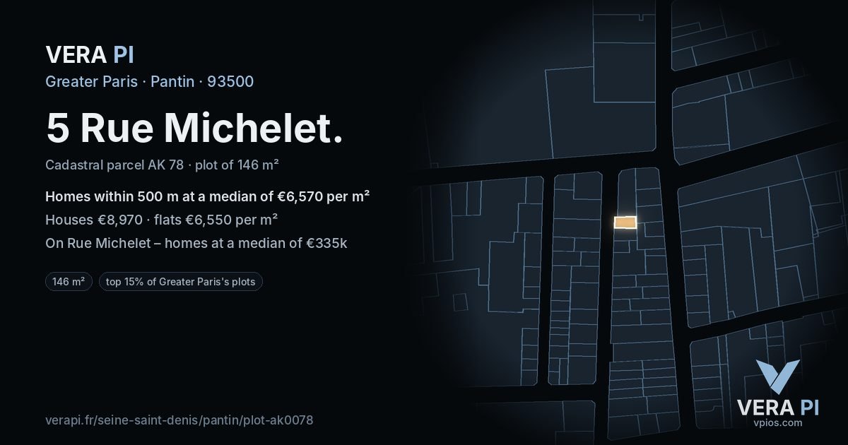 5 Rue Michelet, Pantin at night – the plot lit, the parcels around coloured by the prices near them