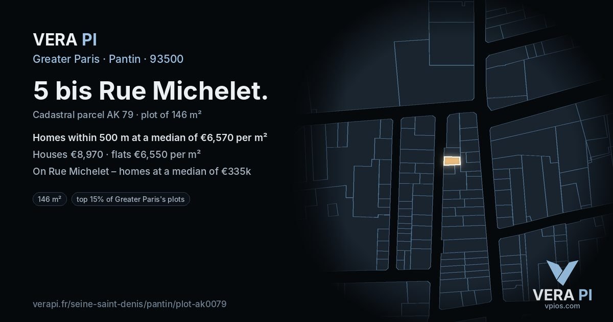 5 bis Rue Michelet, Pantin at night – the plot lit, the parcels around coloured by the prices near them