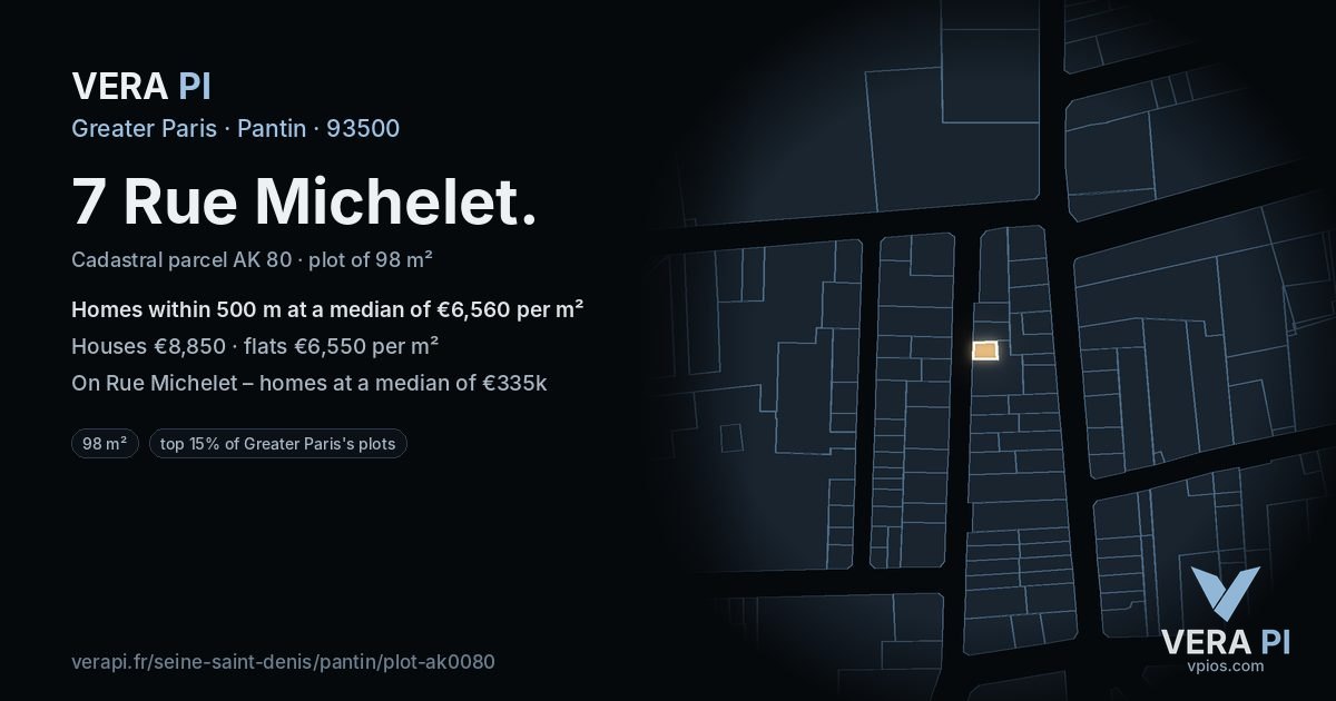 7 Rue Michelet, Pantin at night – the plot lit, the parcels around coloured by the prices near them