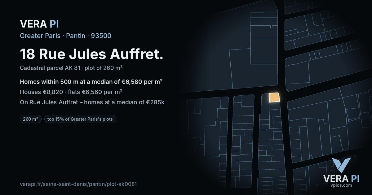18 Rue Jules Auffret, Pantin at night – the plot lit, the parcels around coloured by the prices near them