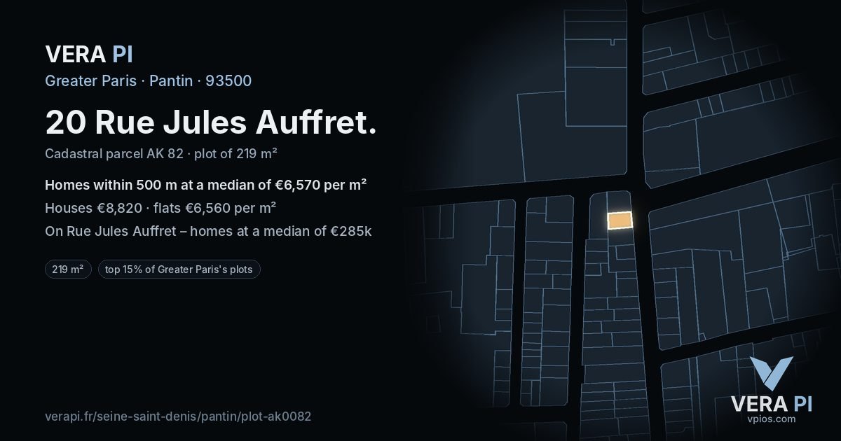 20 Rue Jules Auffret, Pantin at night – the plot lit, the parcels around coloured by the prices near them