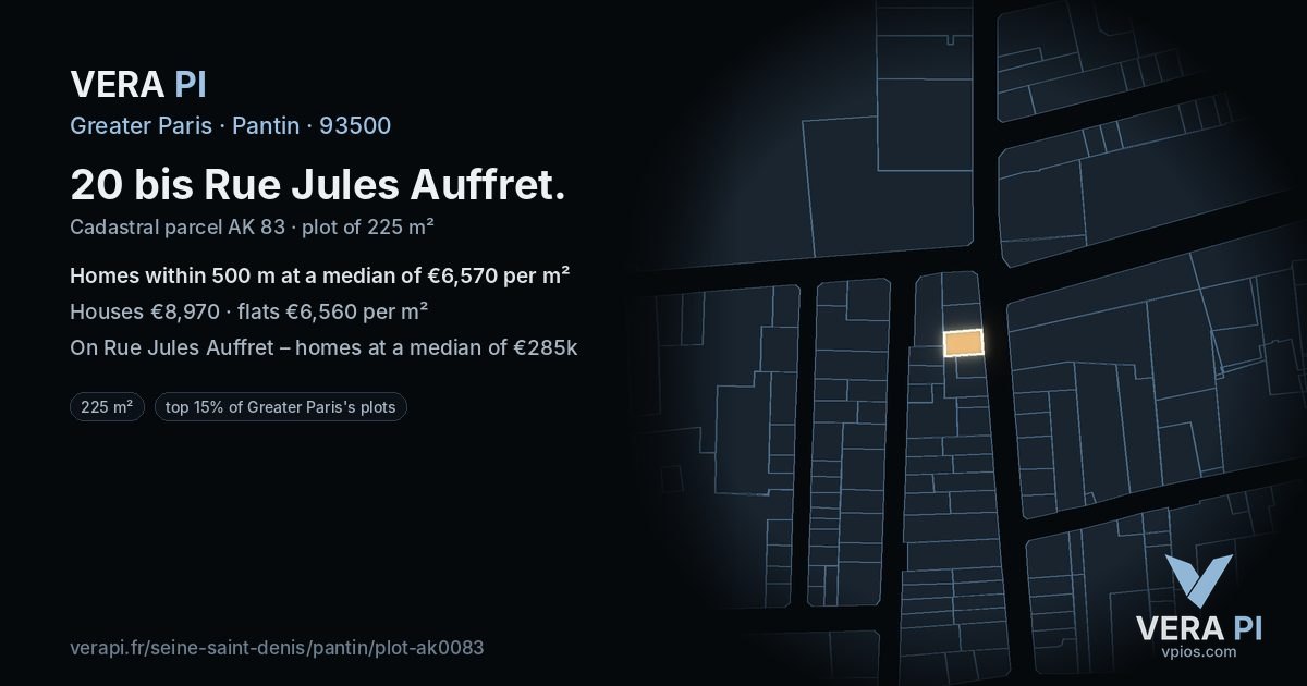 20 bis Rue Jules Auffret, Pantin at night – the plot lit, the parcels around coloured by the prices near them
