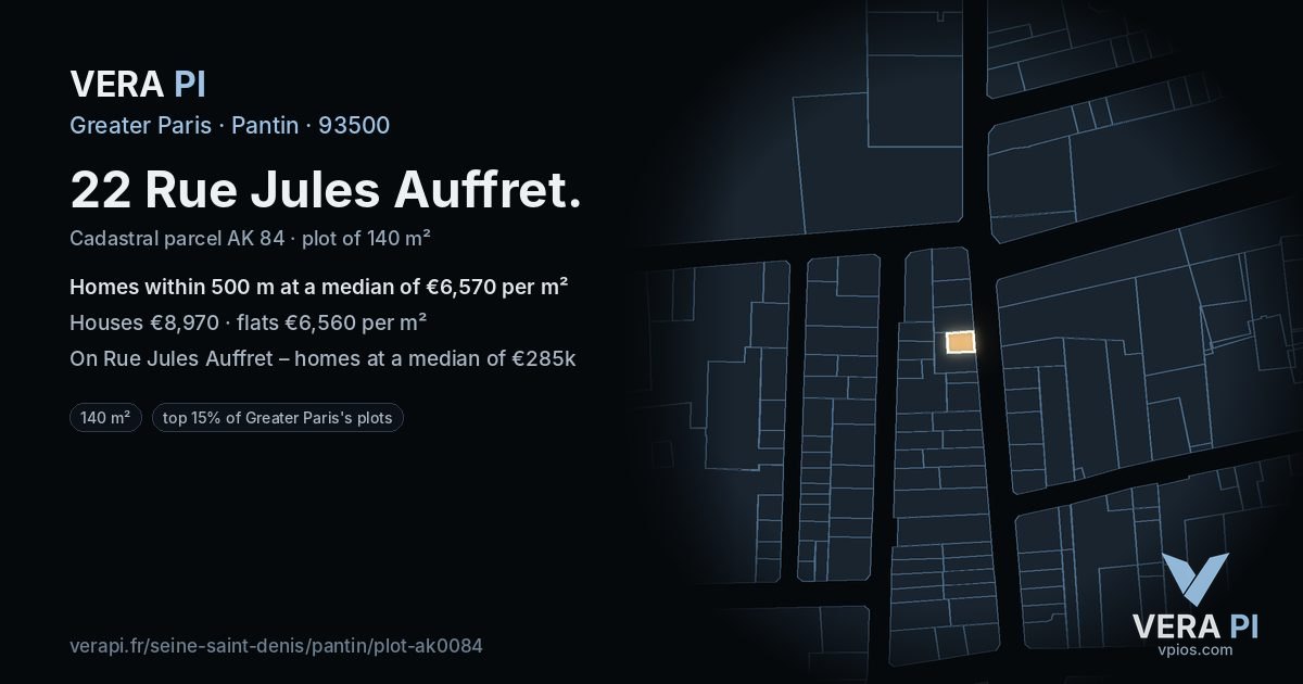 22 Rue Jules Auffret, Pantin at night – the plot lit, the parcels around coloured by the prices near them