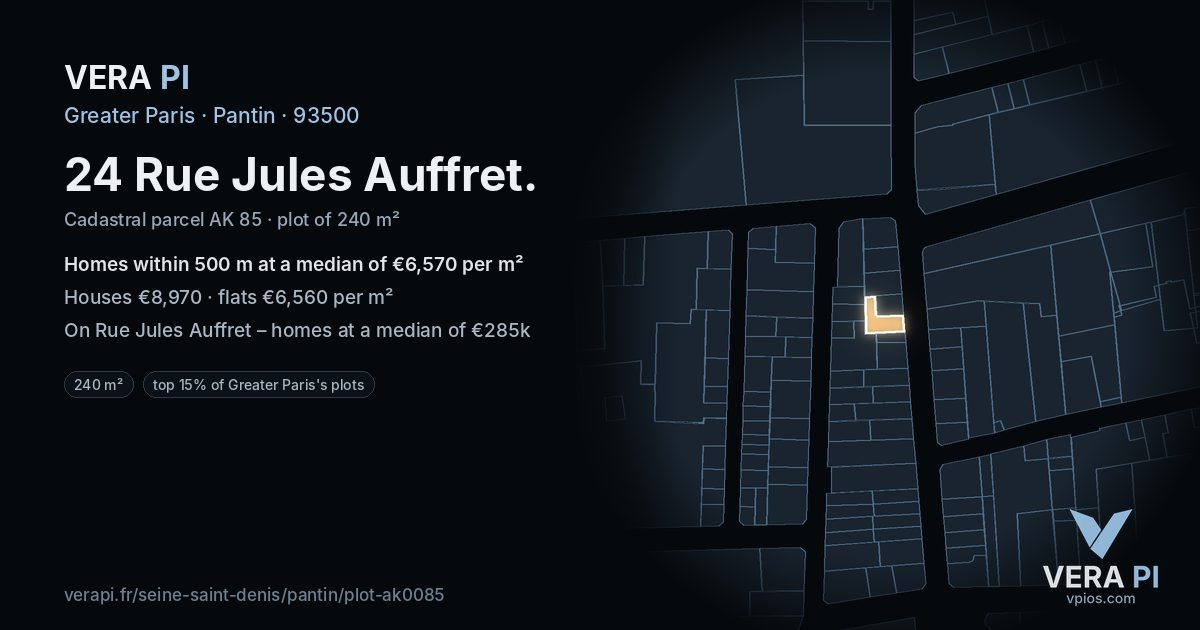 24 Rue Jules Auffret, Pantin at night – the plot lit, the parcels around coloured by the prices near them