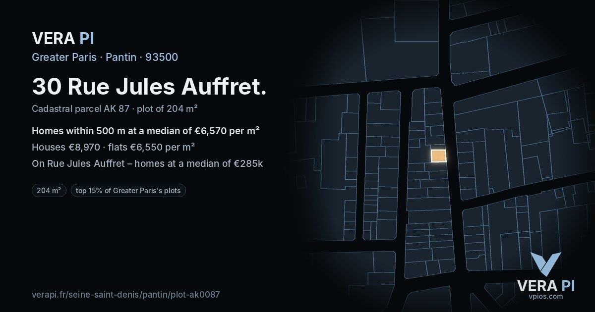 30 Rue Jules Auffret, Pantin at night – the plot lit, the parcels around coloured by the prices near them