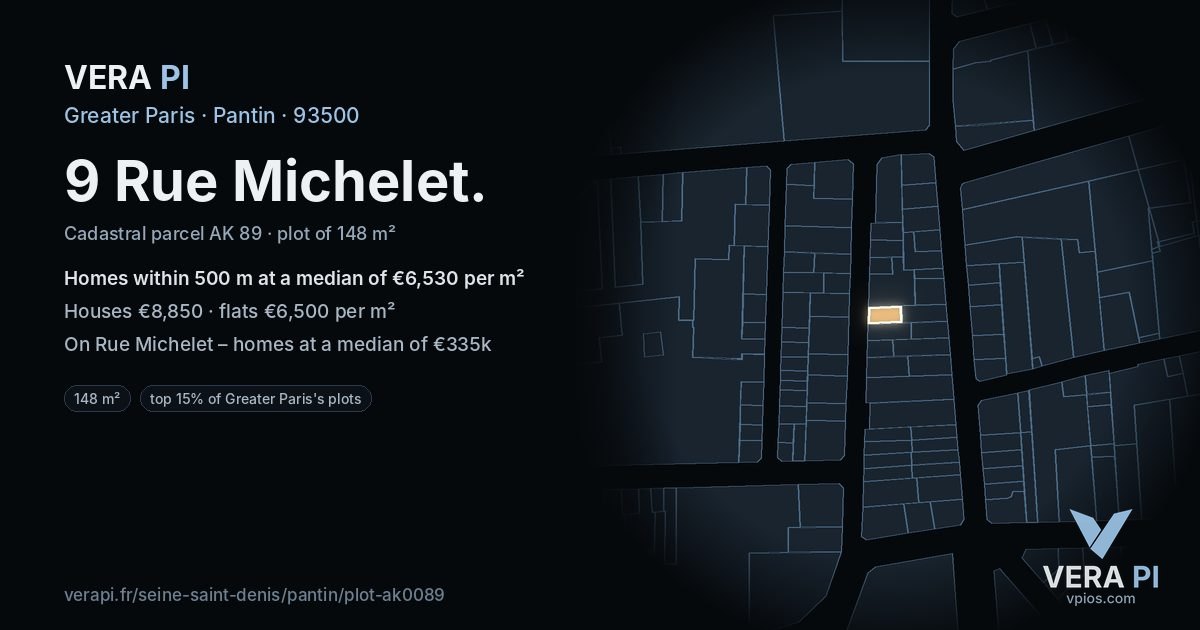 9 Rue Michelet, Pantin at night – the plot lit, the parcels around coloured by the prices near them