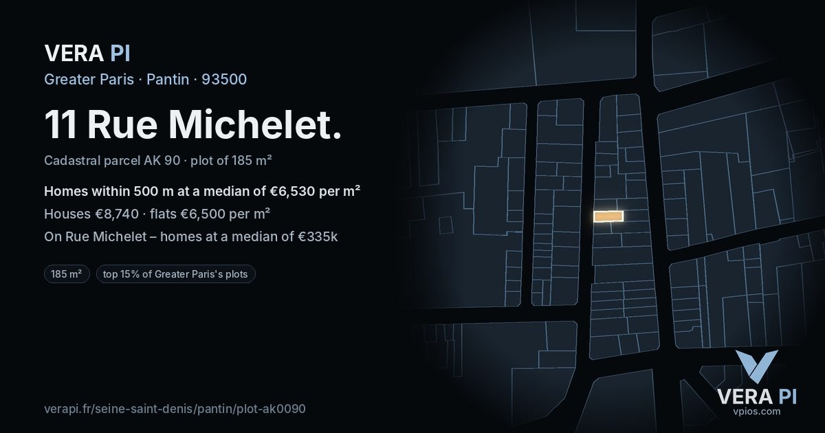 11 Rue Michelet, Pantin at night – the plot lit, the parcels around coloured by the prices near them