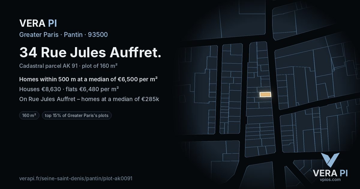 34 Rue Jules Auffret, Pantin at night – the plot lit, the parcels around coloured by the prices near them