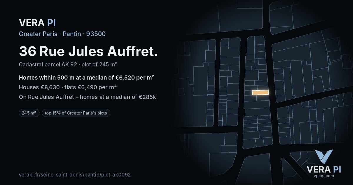 36 Rue Jules Auffret, Pantin at night – the plot lit, the parcels around coloured by the prices near them