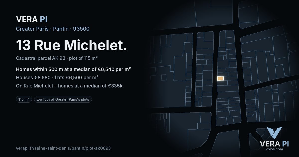 13 Rue Michelet, Pantin at night – the plot lit, the parcels around coloured by the prices near them