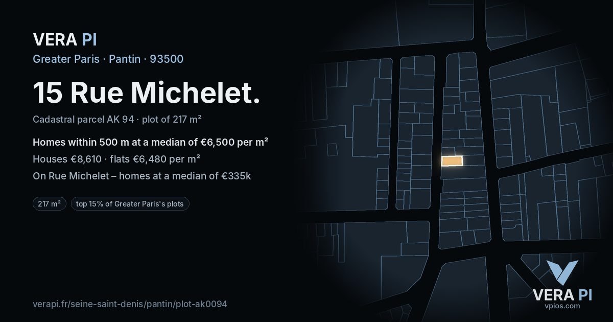 15 Rue Michelet, Pantin at night – the plot lit, the parcels around coloured by the prices near them