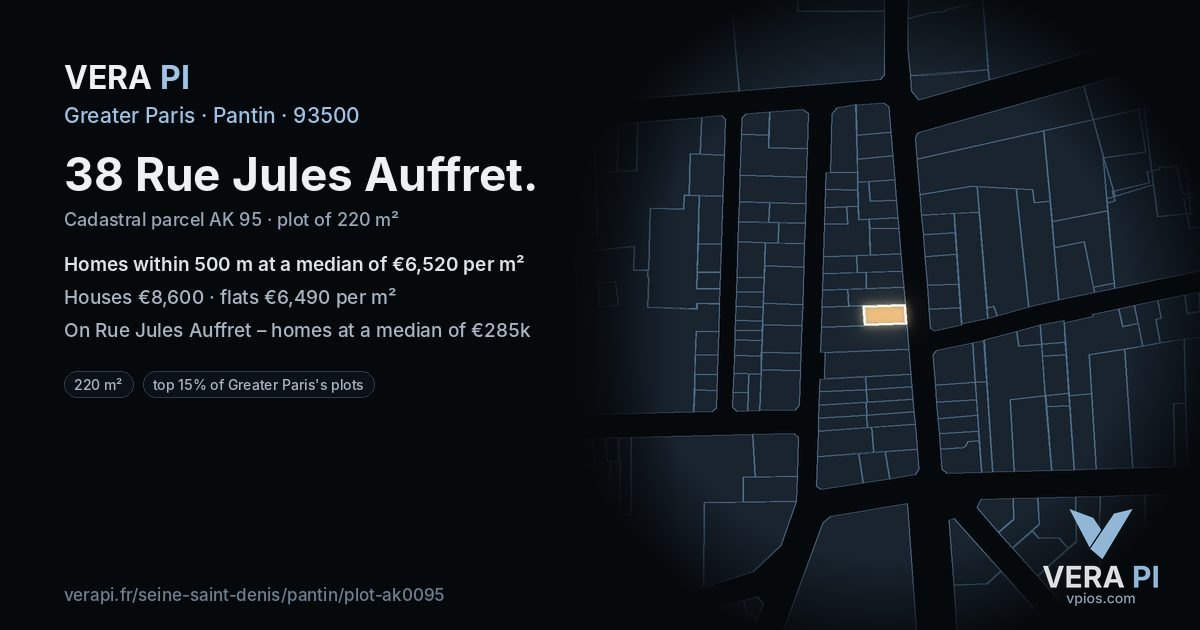 38 Rue Jules Auffret, Pantin at night – the plot lit, the parcels around coloured by the prices near them