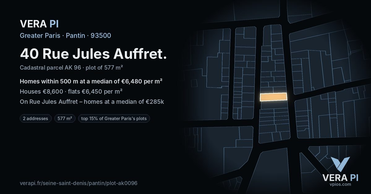 40 Rue Jules Auffret, Pantin at night – the plot lit, the parcels around coloured by the prices near them