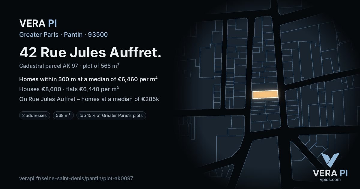 42 Rue Jules Auffret, Pantin at night – the plot lit, the parcels around coloured by the prices near them